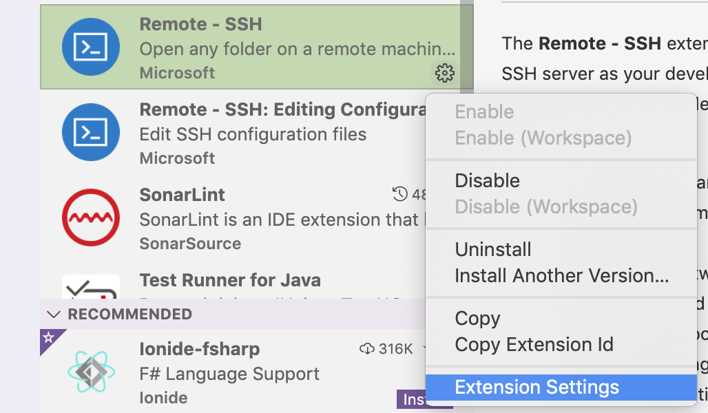 SSH extension settings prompt